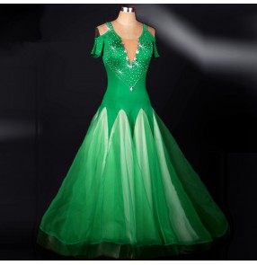 Green women's ladies female short sleeves v neck dew shoulder rhinestones long length standard competition performance  ballroom tango waltz dance dresses 